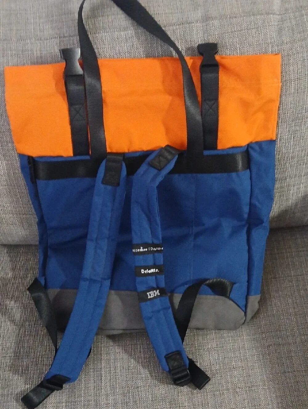 Colorblock Roll-Top Backpack Tote in Blue, Orange & Gray